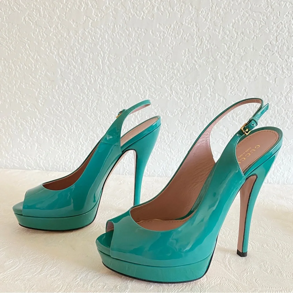 Gucci blue green patent leather peep toe platform sandals